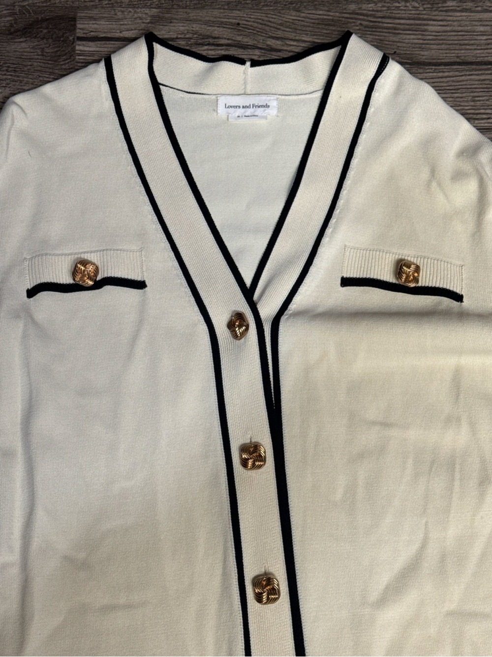 Lovers + Friends XS Cream Black Trim Gold Button Cardigan Sweater Dress - Picture 9 of 9